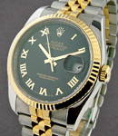 Datejust 36mm in Steel with Yellow Gold Fluted Bezel on Jubilee Bracelet with Black Sunbeam Roman Dial