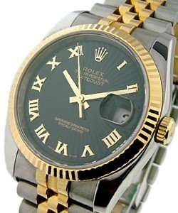 Datejust 36mm in Steel with Yellow Gold Fluted Bezel on Jubilee Bracelet with Black Sunbeam Roman Dial