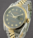 2-Tone Datejust 36mm in Steel with Yellow Gold Fluted Bezel on Jubilee Bracelet with Black Jubilee Arabic Dial