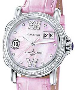 GMT Big Date 37mm in Steel with Diamond Bezel on Pink Crocodile Leather Strap with Light Pink MOP Diamond Dial