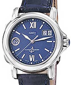 Dual Time GMT Big Date 37mm in Steel on Blue Crocodile Leather Strap with Blue Dial