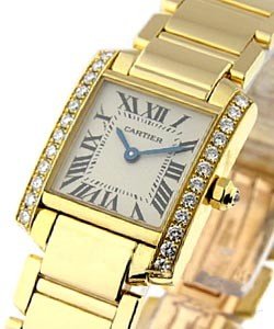 Tank Francaise in Yellow Gold with Diamond Case on Bracelet with Silver Roman Dial - Small Size