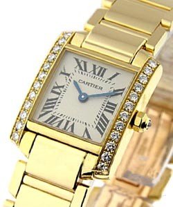 Tank Francaise in Yellow Gold with Diamond Case on Bracelet with Silver Roman Dial - Small Size