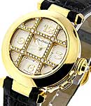 Pasha de Cartier 32 in Yellow Gold with Diamond Grid on Black Crocodile Leather Strap with Silver Sunray Dial