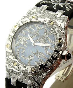 Royal Oak Lady's Leaves in White Gold With Diamonds - Special  Edition on Black Satin Strap with Black MOP Dial