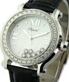 Happy Sport Round in Steel with Diamond Bezel on Black Crocodile Leather Strap with White Dial - 7 Floating Diamonds