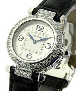 Pasha 32mm in White Gold with Diamond Bezel on Black Crocodile Leather Strap with Silver Dial
