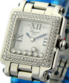  Happy Sport Square with 2 Row Diamond Bezel White Gold on Bracelet with Silver Diamond Dial 