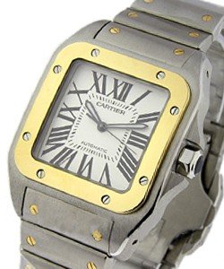 Santos 100 L size Automatic in Steel with Yellow Gold Bezel on Steel Bracelet with White Roman Dial