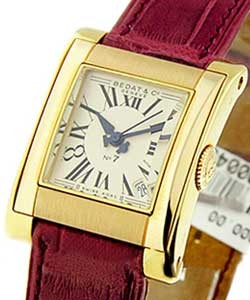 No.7 Mid Size in Yellow Gold on Red Leather Strap with Silver Dial
