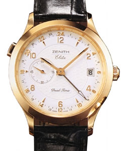 Class Elite Dual Time in Yellow Gold on Black Alligator Leather Strap with Silver Dial