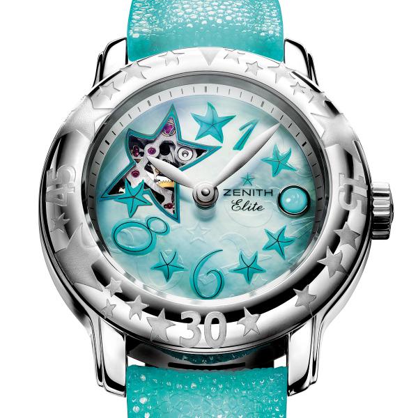 Baby Star Sea Open in Steel on Green Galuchat Strap with Mother Of Pearl Dial