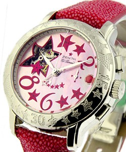 Baby Star Sea Open in Steel on Red Galuchat Strap with Red MOP Dial