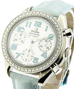 Speedmaster Chronograph in Steel with Diamond Bezel on Baby Blue Alligator Leather Strap with White MOP Dial