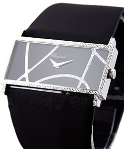 Rectangle Haute Horlogerie in White Gold with Diamond Bezel on Black Satin Strap with Black Diamond Dial