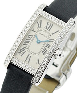 Tank Americaine Small Size - Diamond Bezel White Gold on Strap with Silver Dial