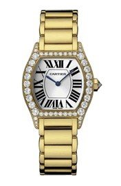 Tortue with Diamond Case - Small Size in Yellow Gold  on Yellow Gold Bracelet with silver Dial