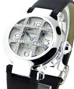 32mm White Gold Pasha with Diamond Grid White Gold on Black Leather Strap with Silver Dial