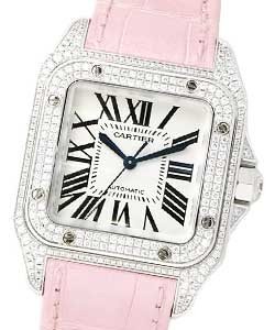 Santos 100 in White Gold with Diamond Bezel & Lugs on Pink Crocodile Leather Strap with Silver Roman Dial