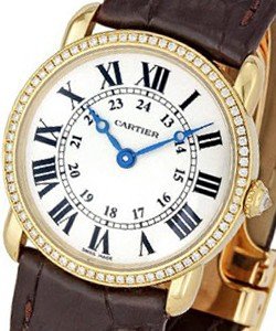 Ronde Louis Cartier in Yellow Gold with Diamond Bezel On Brown Leather Strap with Silver Dial