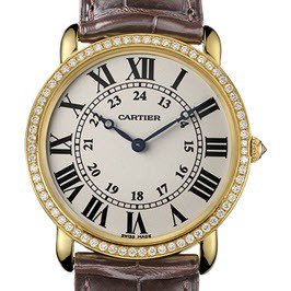 Ronde Louis Cartier on Yellow Gold and Diamond Bezel on Brown Alligator Leather Strap with Silver Dial