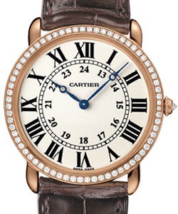 Ronde Louis Cartier in Rose Gold with Diamond Bezel on Brown Leather Strap with White Dial