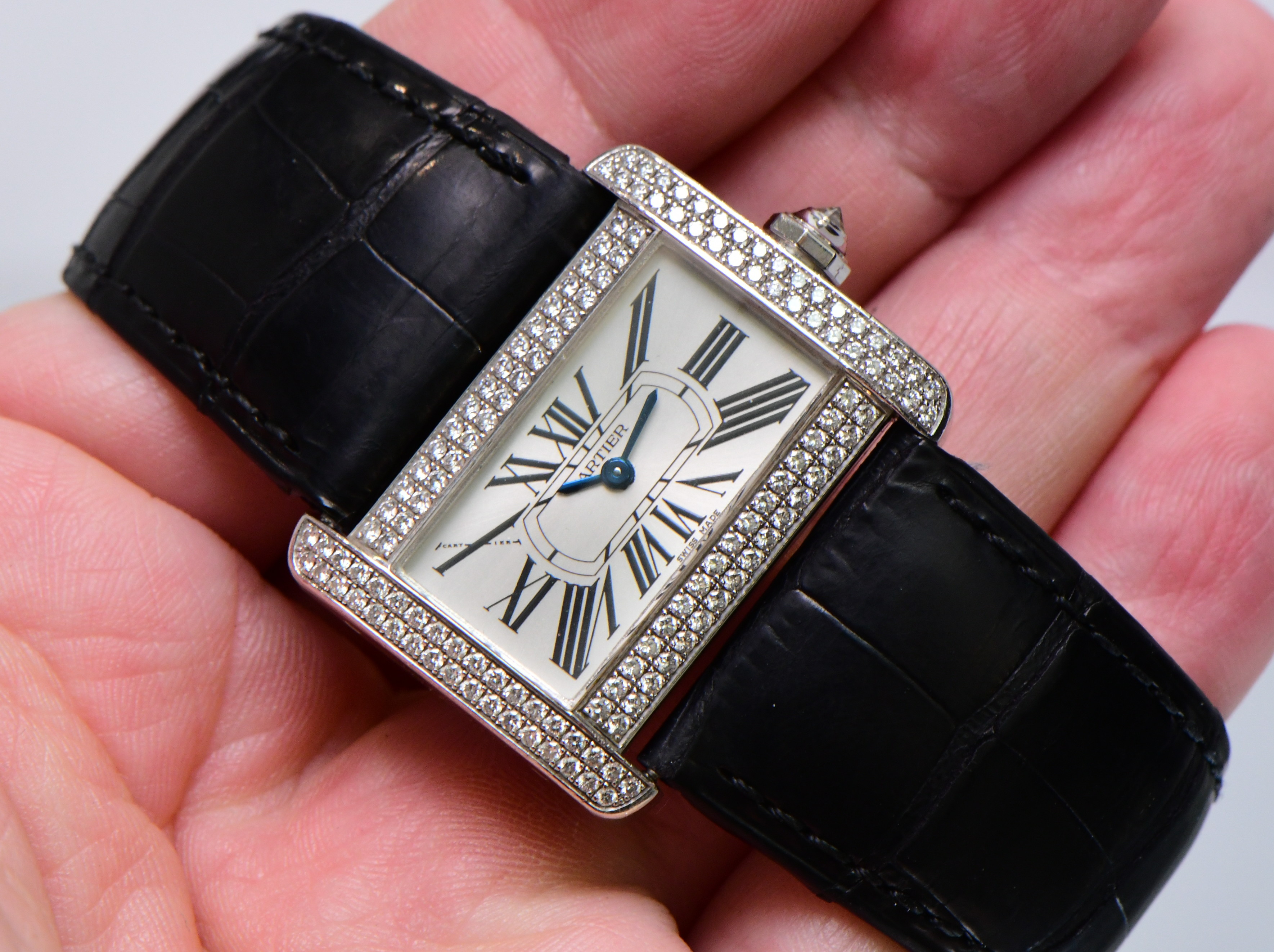Cartier Tank Divan in White Gold with Diamond Case on Black Leather Strap with White Roman Dial