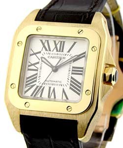 Santos 100 in Yellow Gold Medium Size On Brown Leather Strap with Silver Dial
