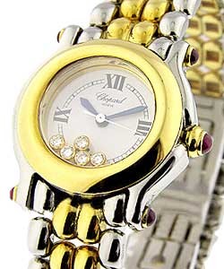 Happy Sport Round Small Size in Steel with Yellow Gold Bezel on Steel and Yellow Gold Bracelet with Silver Diamond Dial
