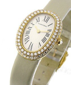 Baignoire in Yellow Gold with Diamond Bezel on Satin Strap with Silver Dial