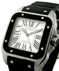 Santos 100 - Large Size in Steel with Rubber Bezel on Black Rubber Strap with White Dial