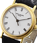 Calatrava in Yellow Gold  with Hobnail Case on Black Crocodile Leather Strap with White Roman Dial