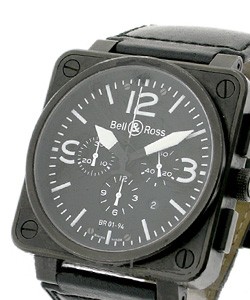 BR 01-94 Carbon Chronograph in PVD Steel on Black Leather Strap with Black Dial