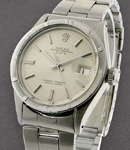 Date 34mm in Steel with Engine turned Bezel on Oyster Bracelet with Silver Stick Dial