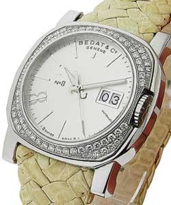 No.8 in Steel Cussion Shaped Case with 2 Row Diamond Bezel on Weave Light Beige Strap with Silver Dial