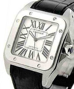 Santos 100 Large Size in Steel On Black Alligator Leather Strap with Silver Dial
