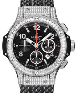 Big Bang 44mm in Steel with Baguette Diamond Bezel on Black Rubber Strap with Black Dial