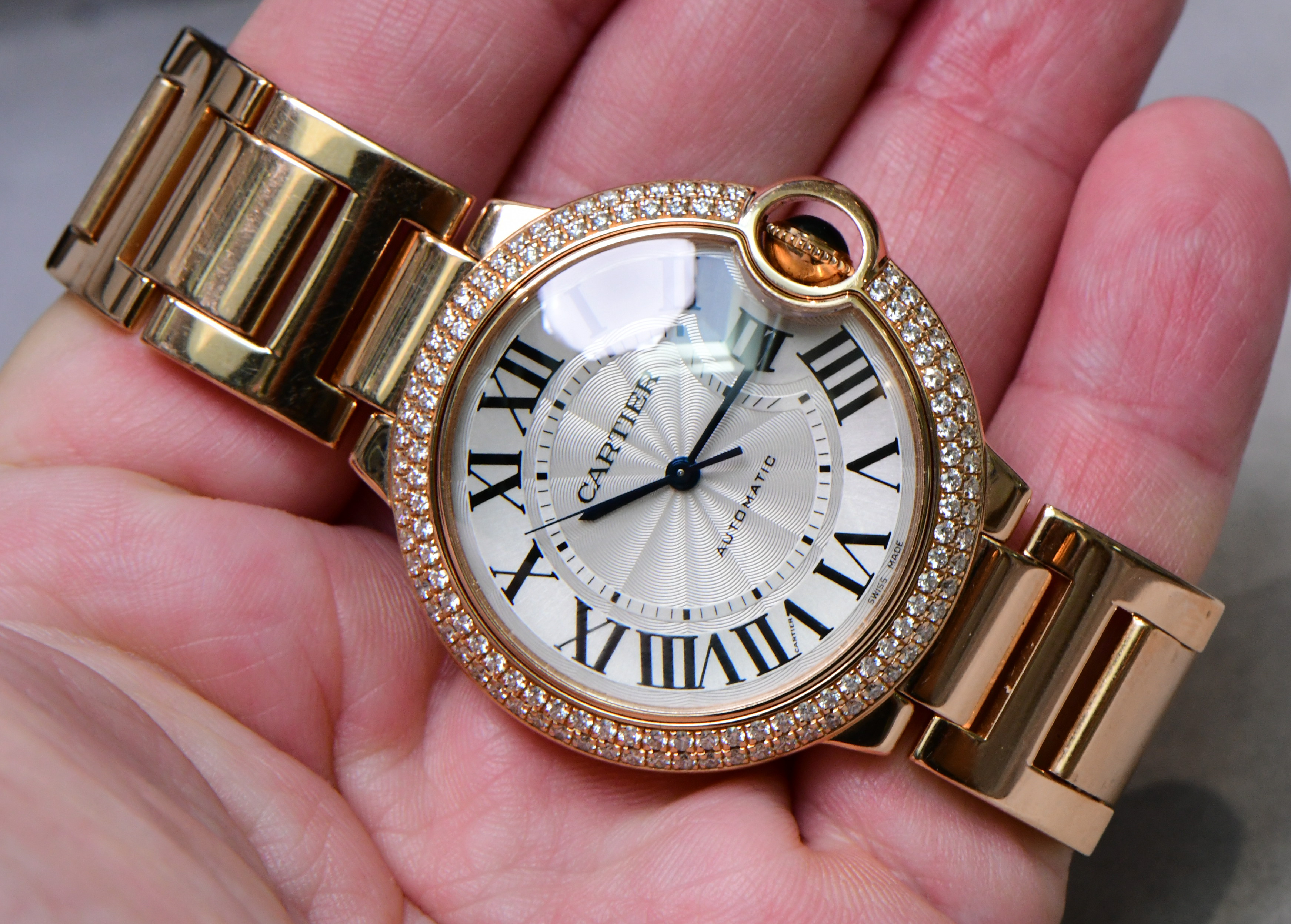 Cartier Ballon Bleu Mid Size in Rose Gold with Diamond Bezel on Rose Gold Bracelet with Silver Dial