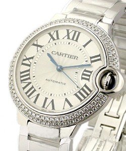 Ballon Bleu Mid Size in White Gold with 2 Row Diamond Bezel on White Gold Bracelet with Silver Roman Dial
