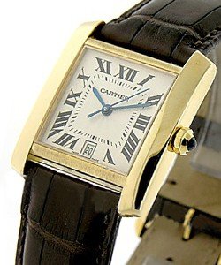 Large Size Tank Francaise in Yellow Gold on Black Crocodile Leather Strap with Silver Dial