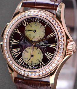 Travel Time Lady's in Rose Gold with Diamond Bezel on Brown Crocodile Leather Strap with Brown Dial