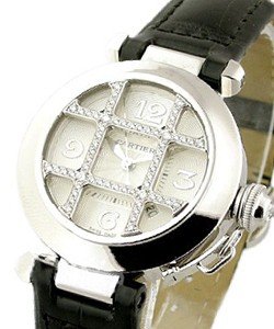 Pasha in White Gold with Diamond Grid on Black Alligator Leather Strap with Silver Dial