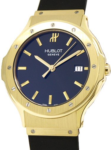 Classic 36mm Quartz in Yellow Gold on Black Rubber Strap with Black Stick Dial