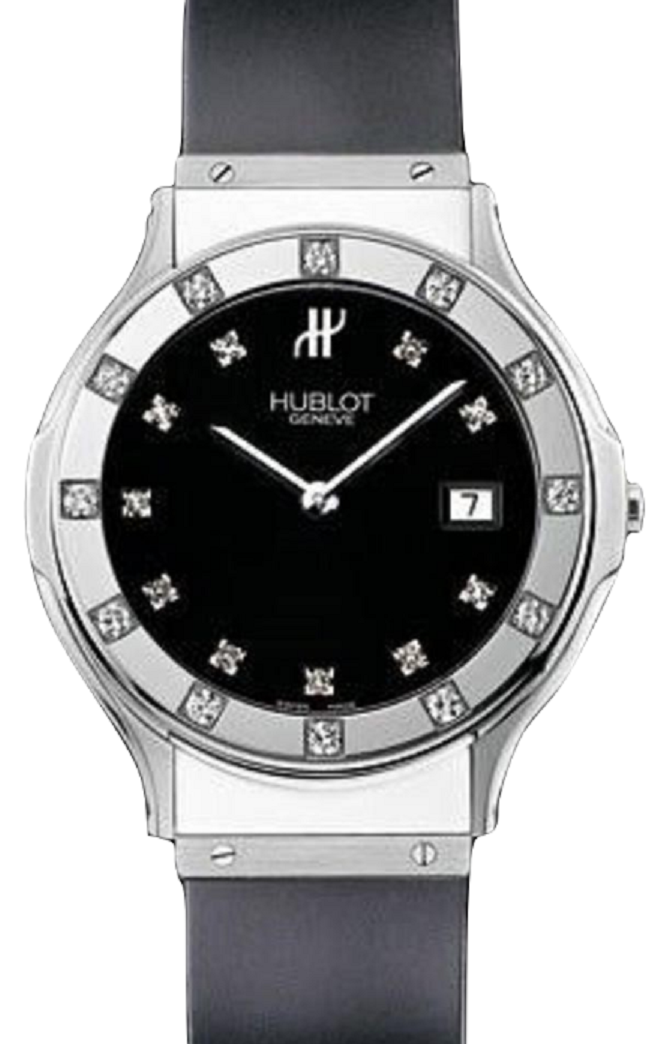 Classic 36mm in Steel with Partial Diamond Bezel On Black Rubber Strap with Black Diamond Dial