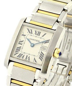Tank Francaise Midsize in Steel on Steel and Yellow Gold Bracelet with Silver Roman Dial