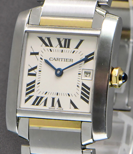 Tank Francaise Midsize in Steel on Steel and Yellow Gold Bracelet with Silver Roman Dial