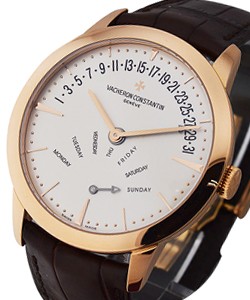 Patrimony Bi Retrograde Day Date in Rose Gold on Brown Leather Strap with Silver Dial