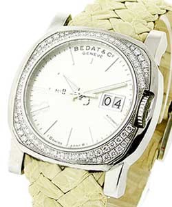 No.8 - in Steel with 2 Row Diamond Case on White Leather Strap with Black Stick Dial