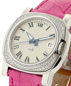 No.8 in Steel with 2 Row Diamond Bezel on Pink Leather Strap with Silver Dial