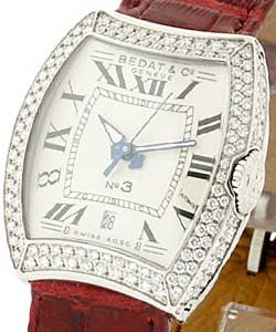 No. 3 in Steel with 2 Row Diamond Bezel on Red Leather Strap with Silver Dial